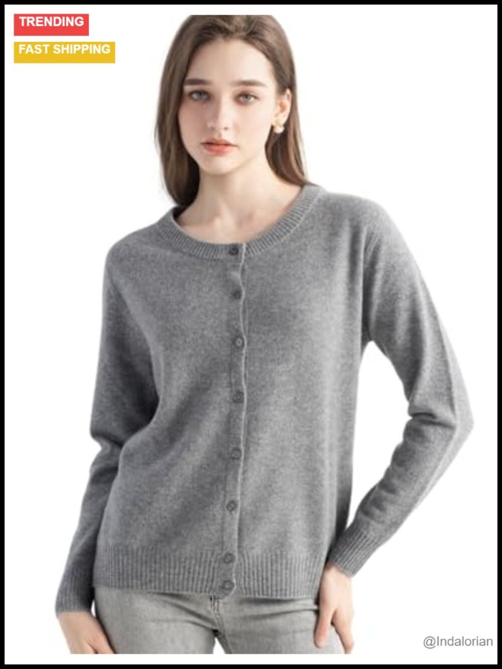 100% Pure Cashmere Cardigan Crew Neck Long Sleeve Seamless Knit Sweater